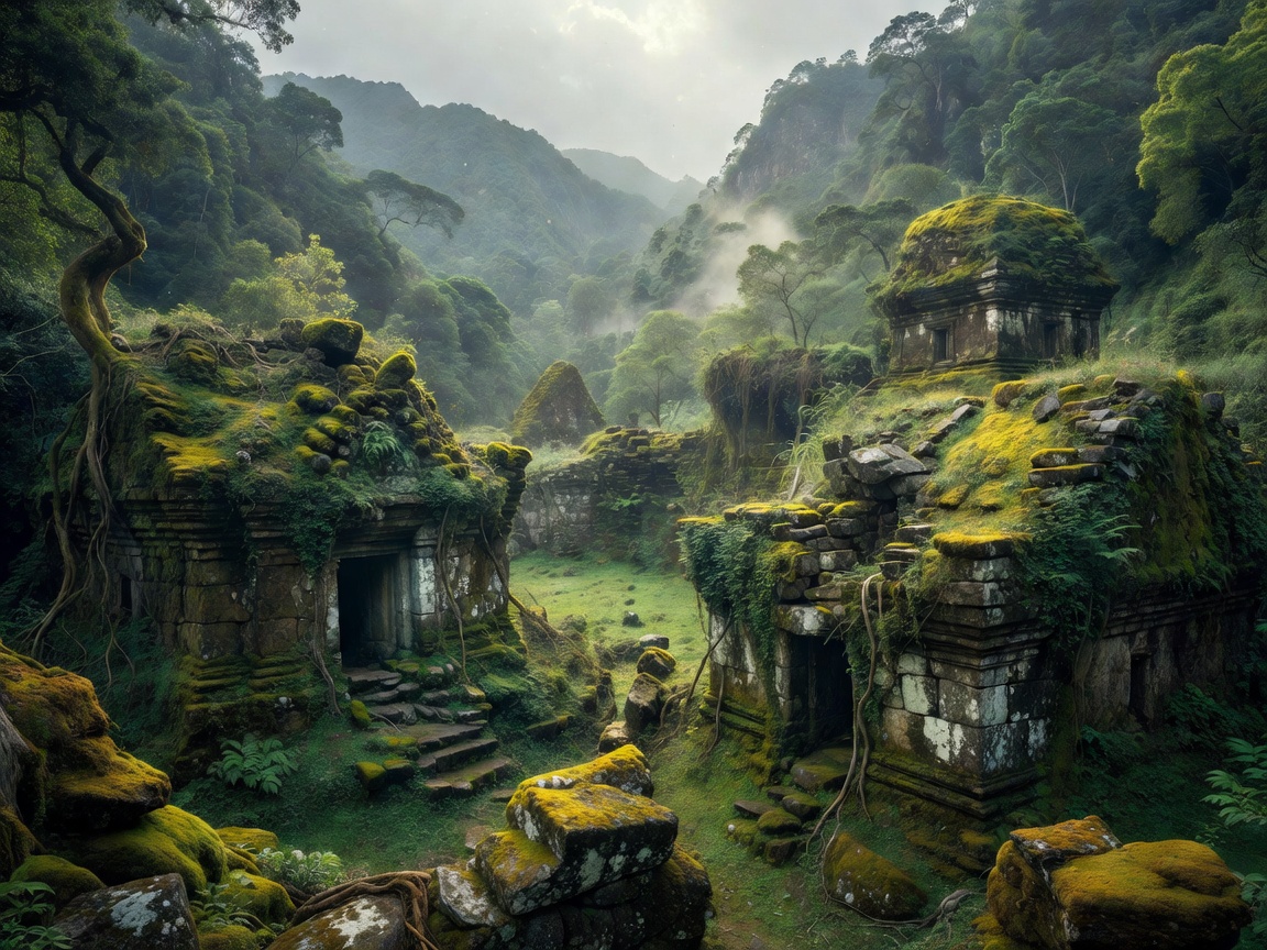 Ancient abandoned stone structures enveloped by green nature in a remote Asian valley