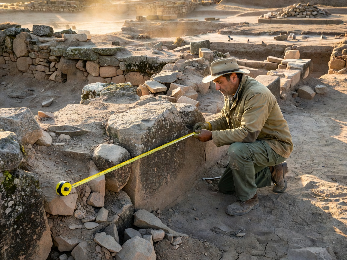 Archaeological surveyor measuring ancient ruined stone foundations with precision survey equipment