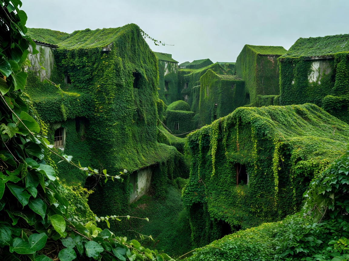 Houtouwan village buildings completely covered in lush green ivy vines