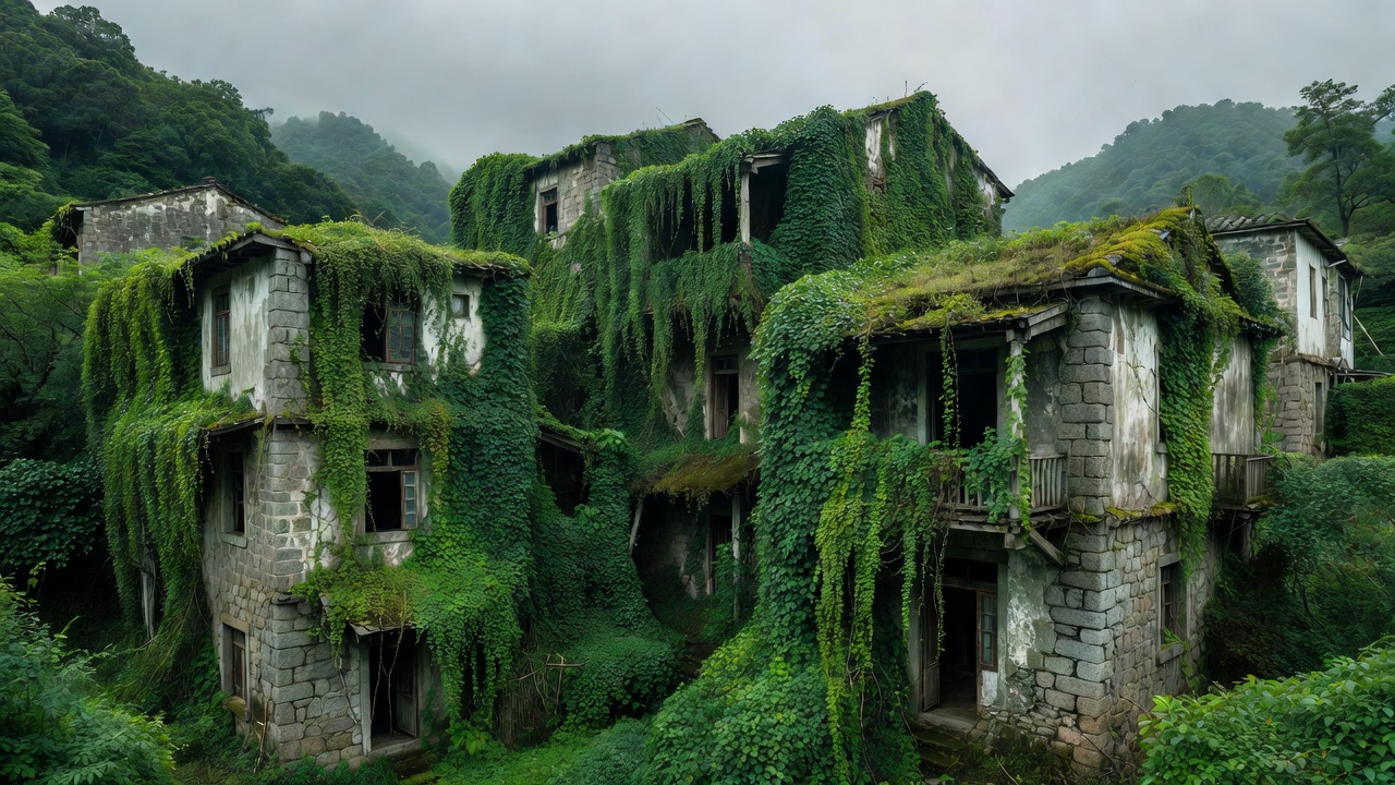 Lush green creeping vines covering deserted multistory stone houses in an abandoned coastal settlement