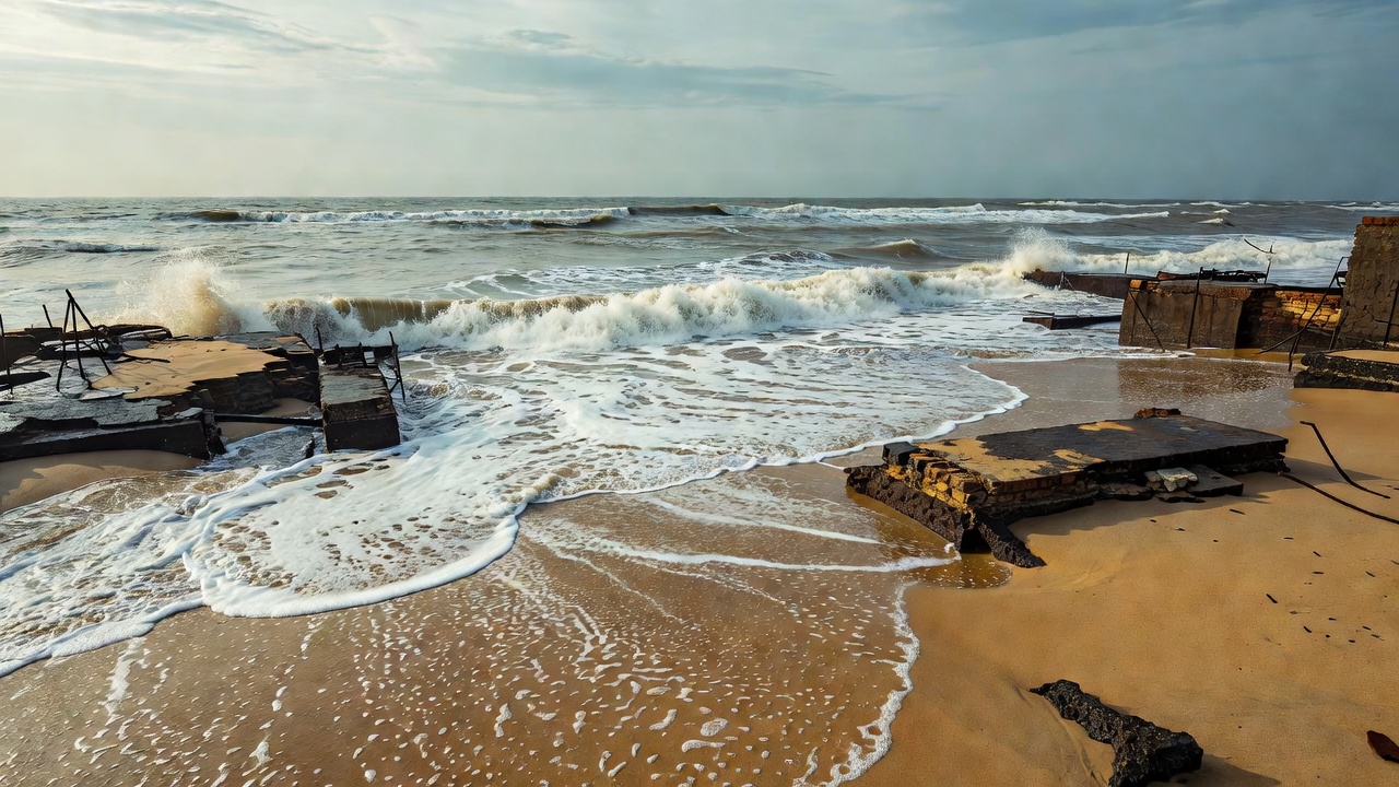 Ocean waves washing up on sandy shore near ruined coastal foundations in Dhanushkodi