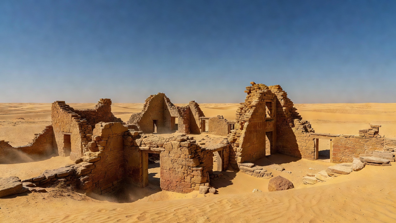 Sandstone structural ruins in Kuldhara under a clear desert sky
