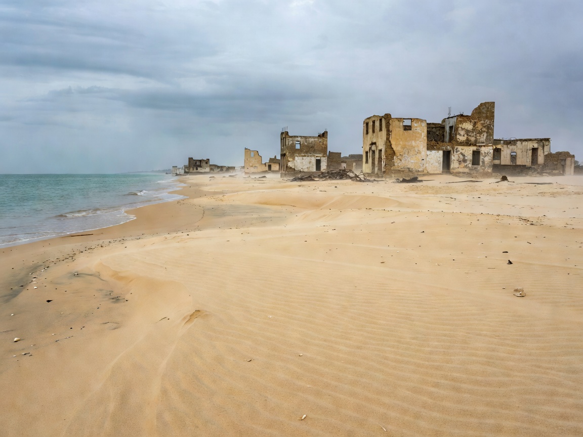 Sandy coastal shores near ruined coastal buildings in Dhanushkodi